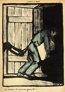 1902年3月1日、「L&39;Assiette au Beurre」の特別版「犯罪と罰」から政治ポスターを掲げた男が刑務所に投げ込まれた 作： Felix Edouard Vallotton